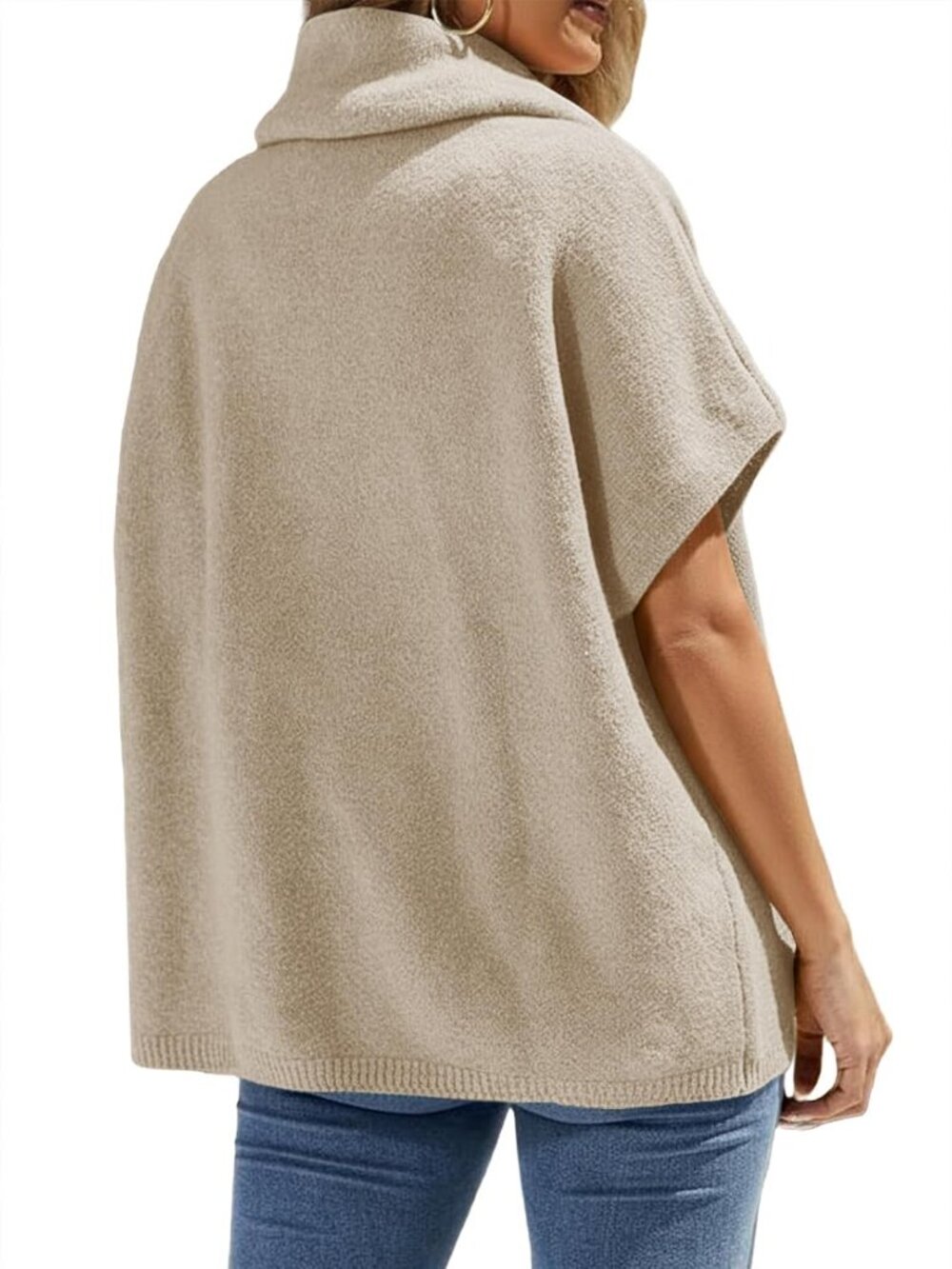 Women's Beige Short Batwing Sleeve Loose Fit Lightweight Turtleneck Sweaters - Picture 5 of 7